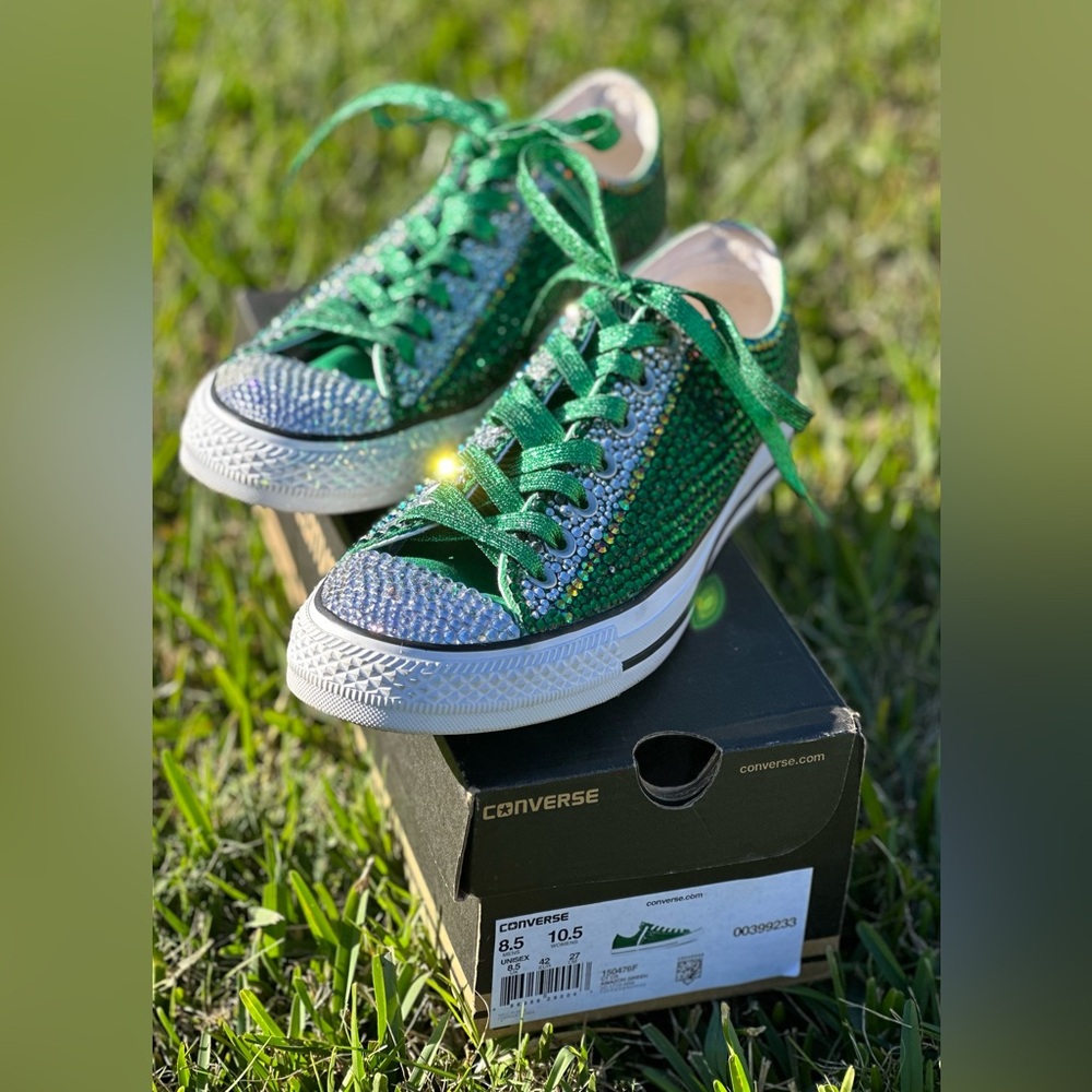 Custom Rhinestoned Converse Chuck Taylor All-Star Green and Silver Sneakers
